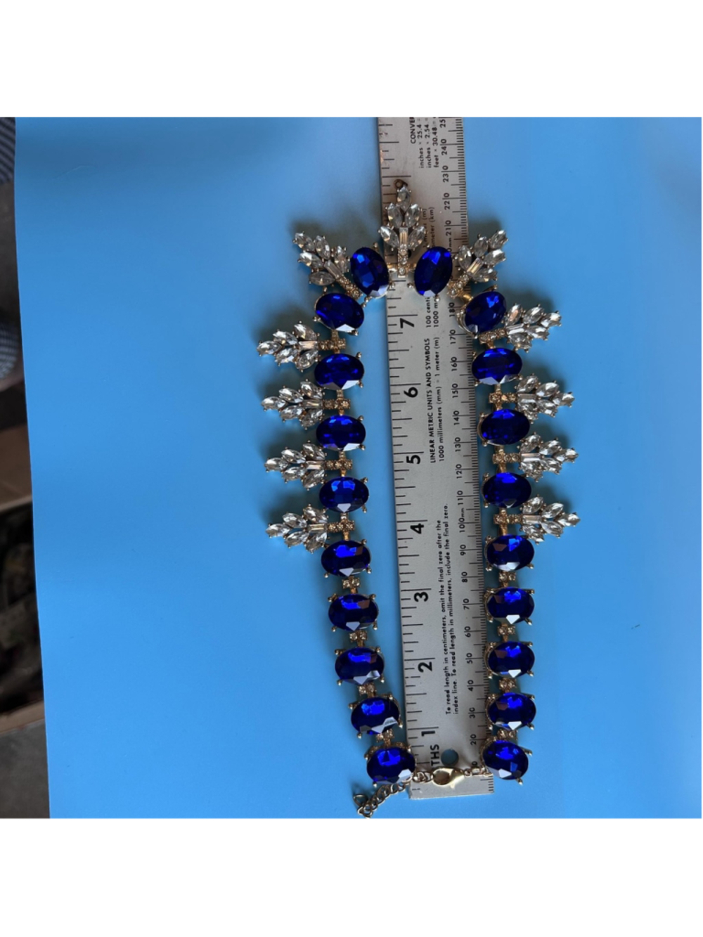 VTG Blue Rhinestone Statement Bib Necklace Gold Tone Crystal Prom Wedding Formal - Picture 12 of 12